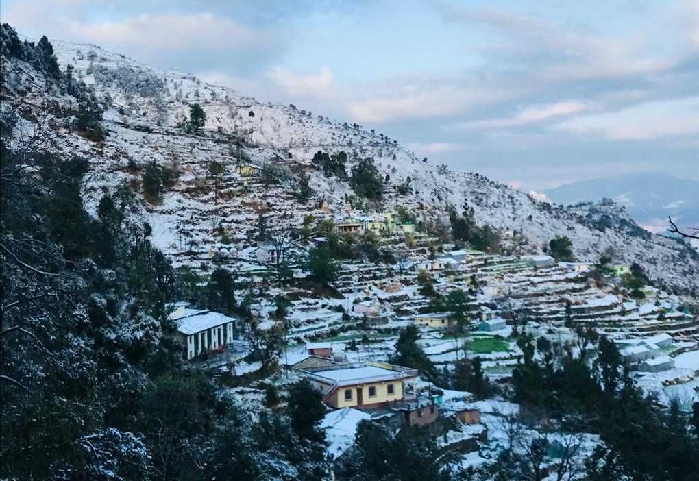 First snowfall of winter in adjoining populated areas of Himalayas