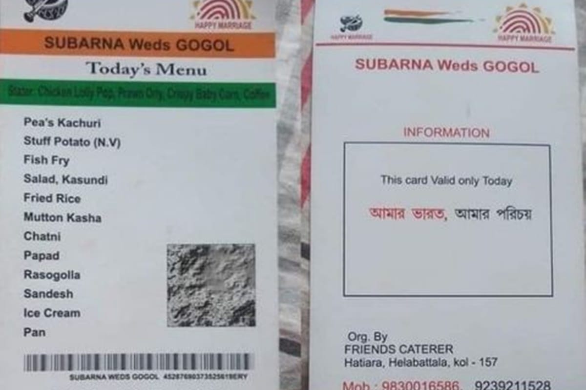 kolkata couple designs aadhaar card themed food menu for guests pictures of it went viral on social media