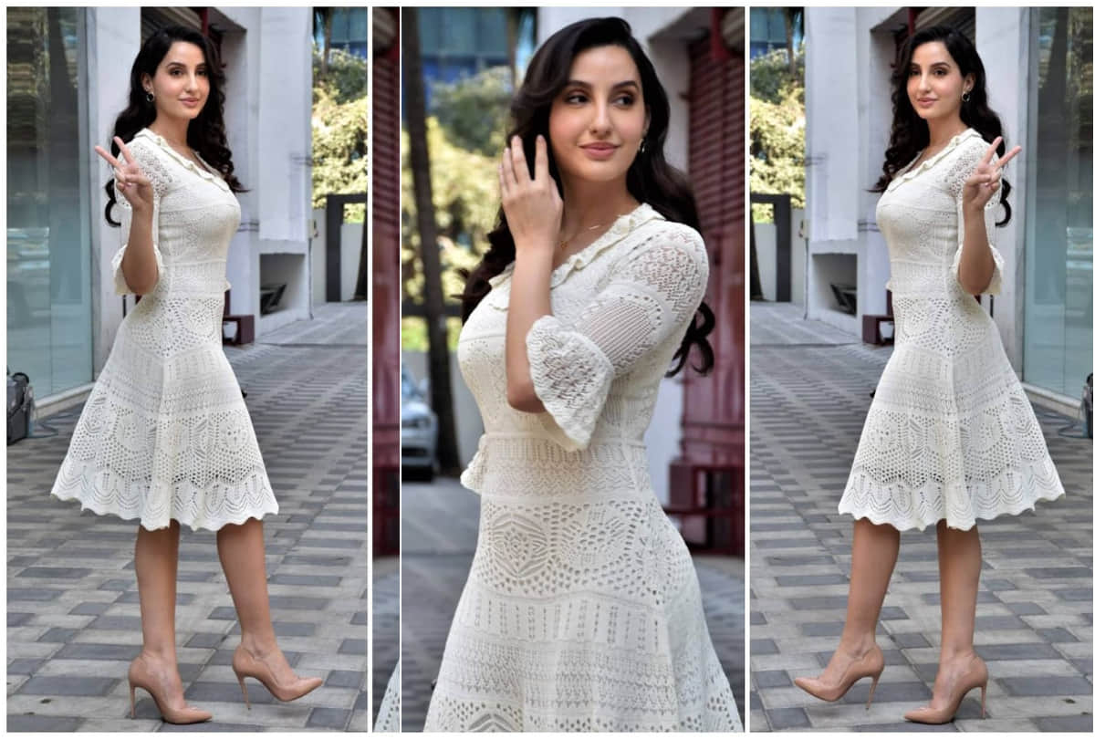 nora fatehi look breath of fresh air in white midi crochet dress