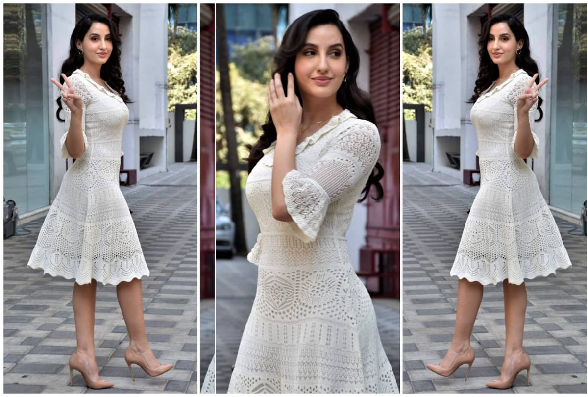 nora fatehi look breath of fresh air in white midi crochet dress