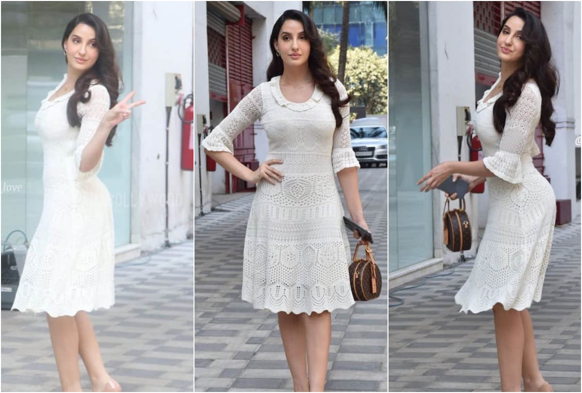 nora fatehi look breath of fresh air in white midi crochet dress