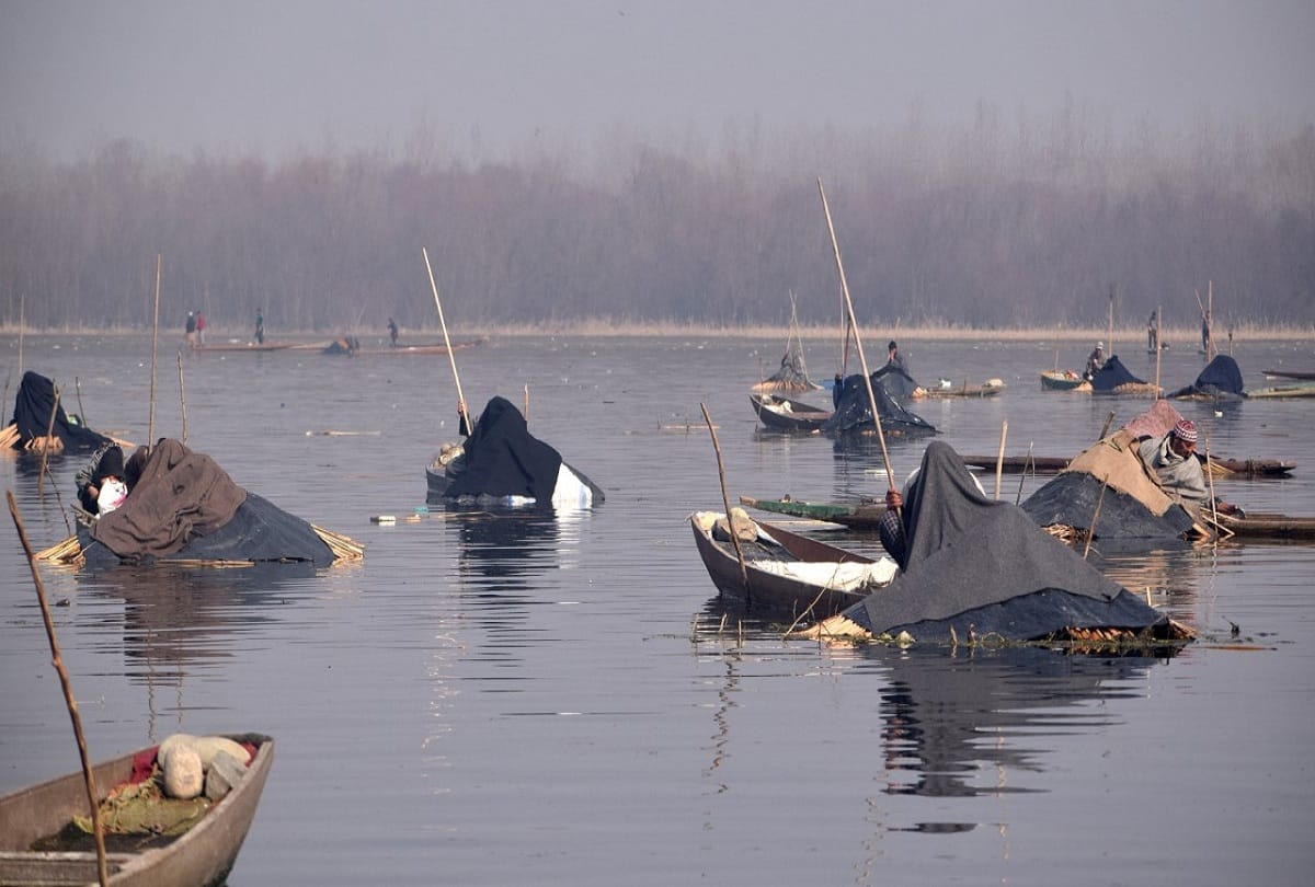 Anchar lake Srinagar kashmir Fishermen cover their heads with blankets to catch fish