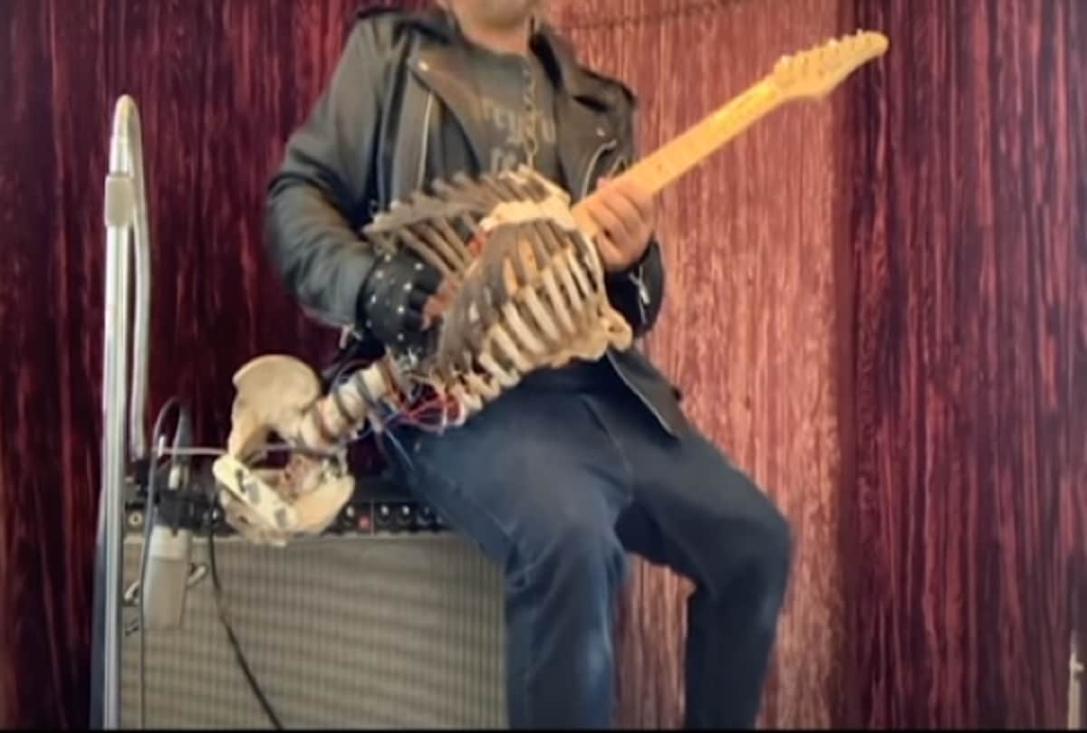 American Musician turns uncles skeleton into electric guitar