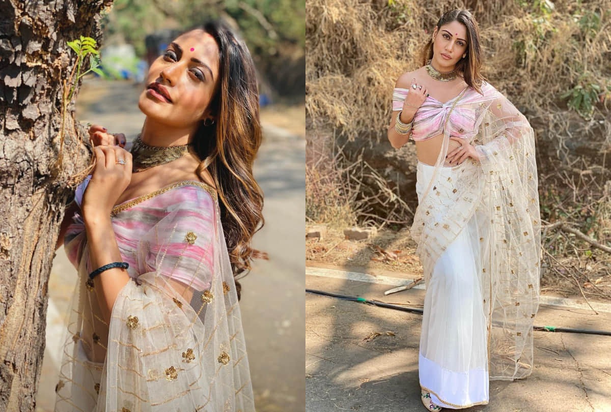 naagin fame surbhi chandna photos in white transparent saree viral