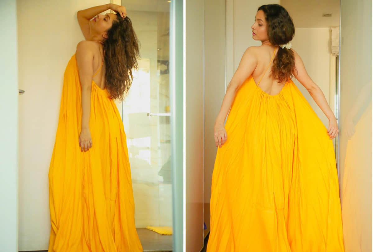 ankita lokhande post pic in yellow backless maxi dress fans gushing over it