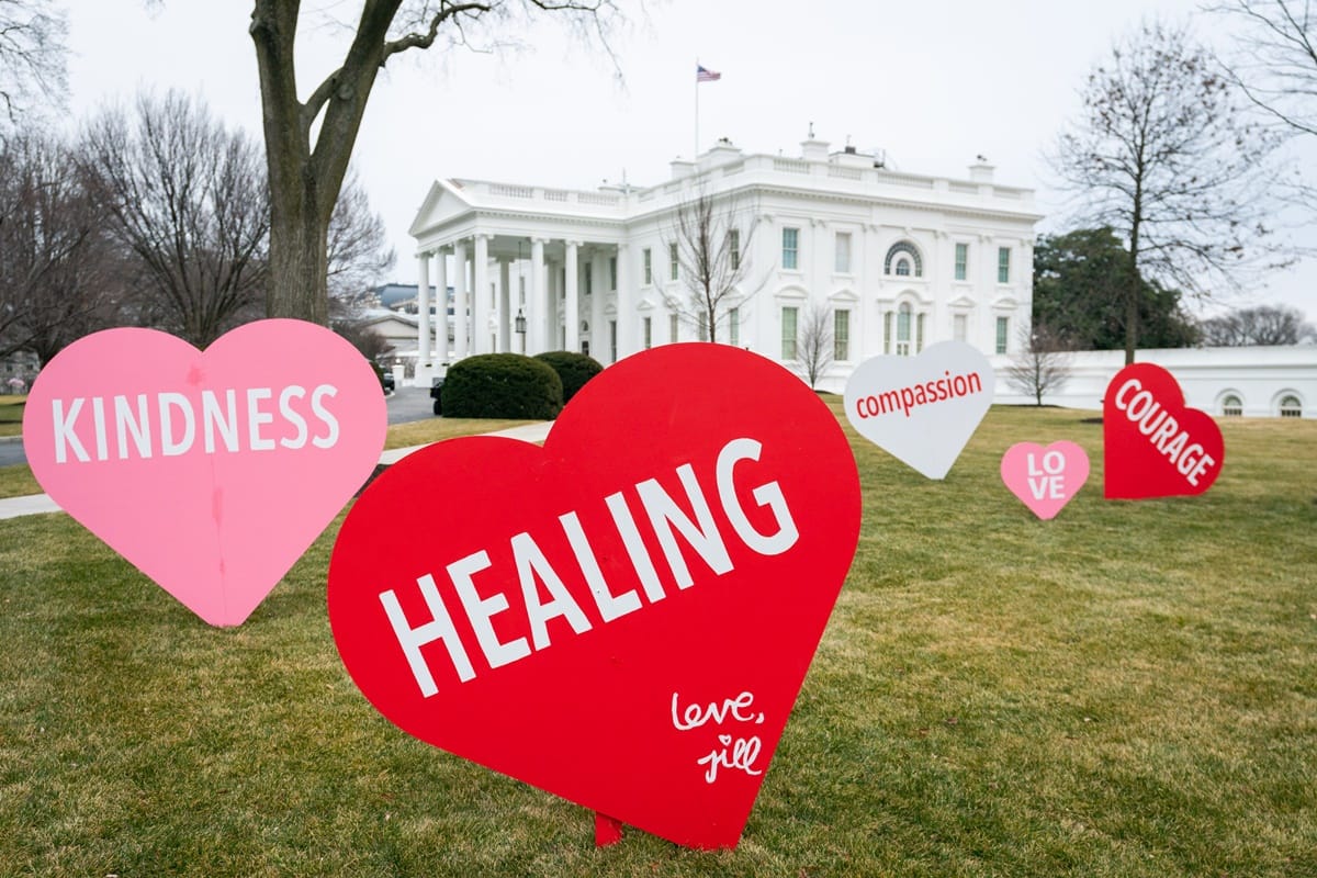 jill biden decorates white house front lawn with hearts on valentines day eve says its just a little joy and a little hope joe biden