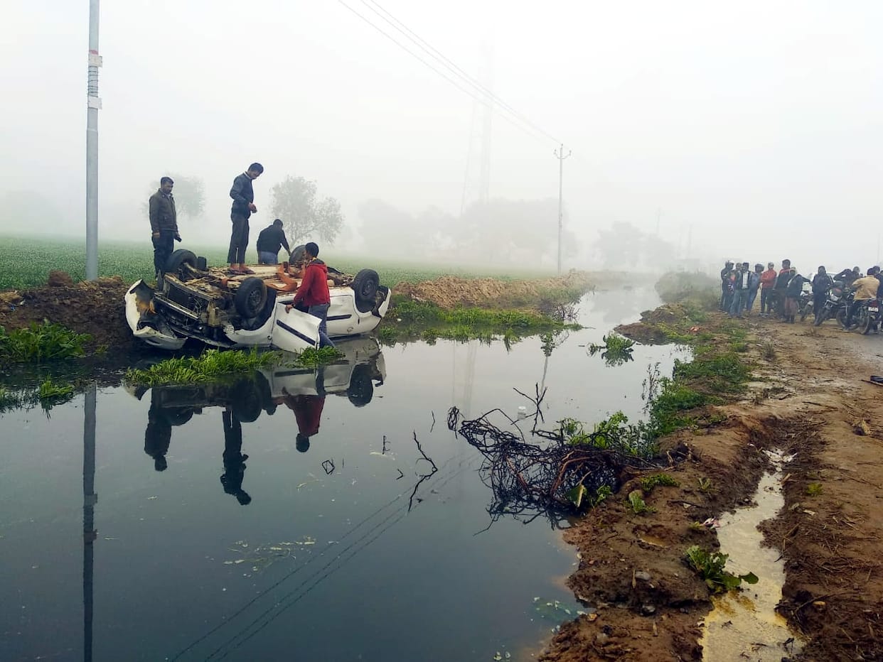 Uncontrolled car overturns in trench, four injured