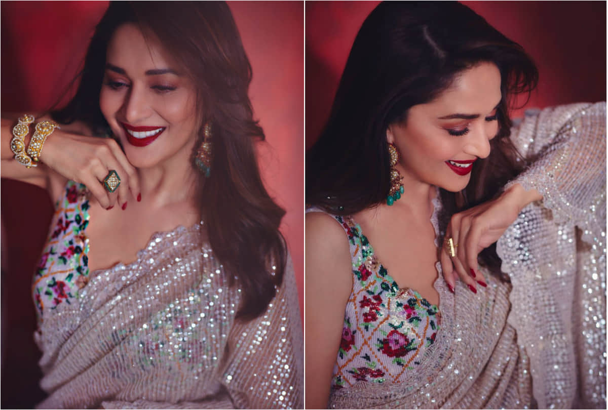 Madhuri Dixit add glam with a shimmery sheer silver saree with a multicolor blouse for dance diwane  dance diwane