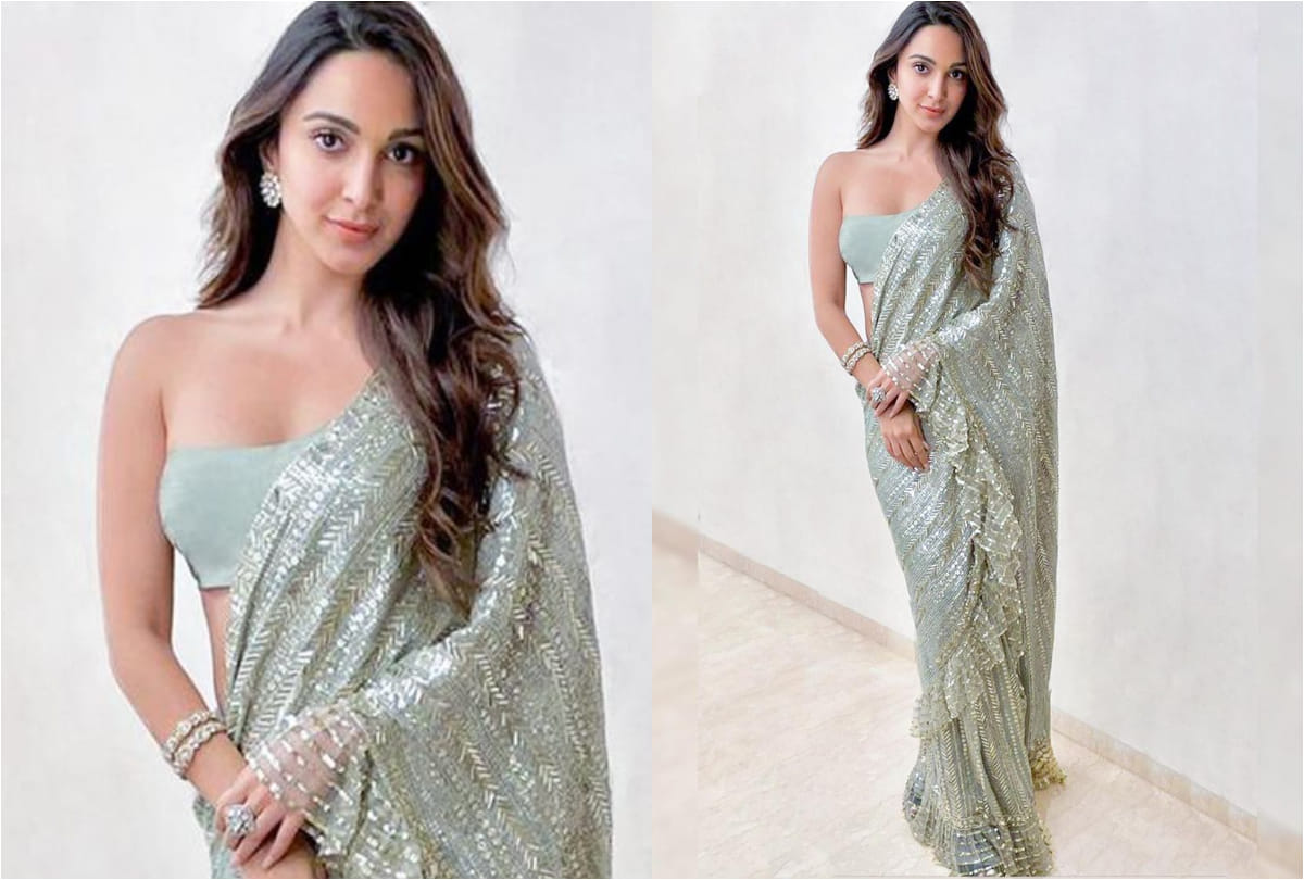 kiara advani gorgeous and bold in backless blouse with manish malhotra metallic moss green saree
