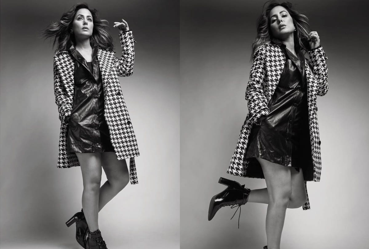 Hina khan latest photoshoot in pixels coat with short dress raises the temperature of the internet