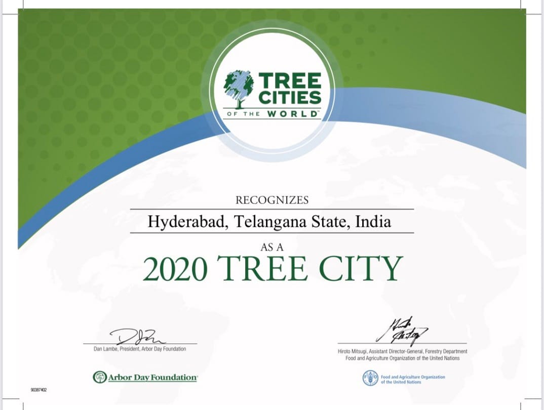 Hyderabad has been recognized as the 2020 Tree City of the World by The Arbor Day Foundation and AFO
