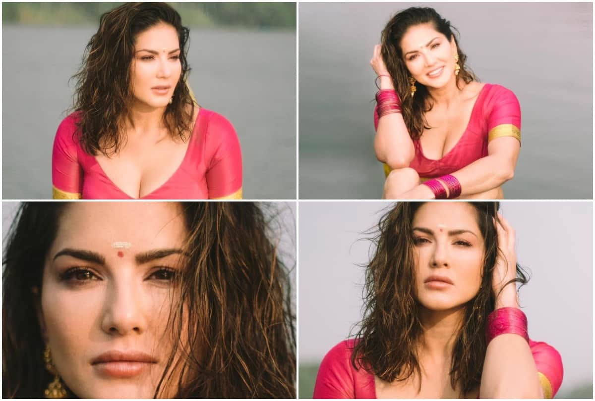 Sunny leone shares her photo in pink saree at Kerala here her latest pics goes viral