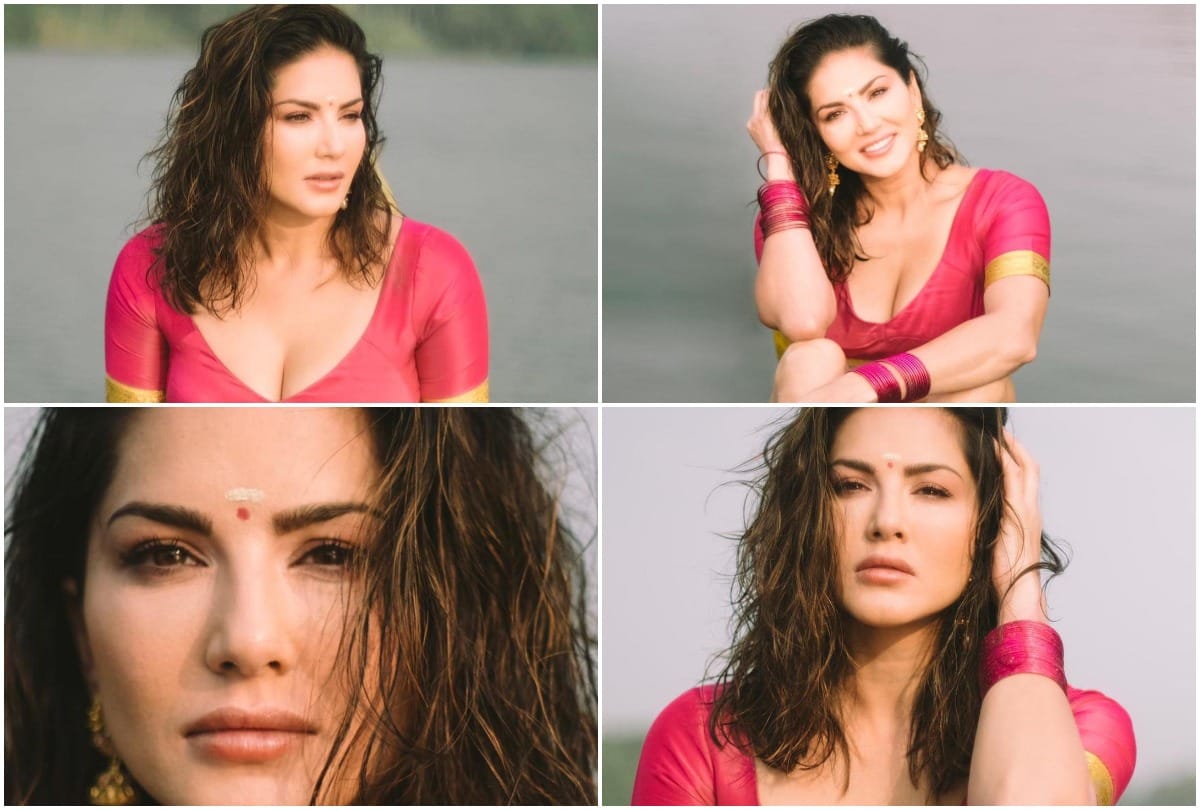 Sunny leone shares her photo in pink saree at Kerala here her latest pics goes viral