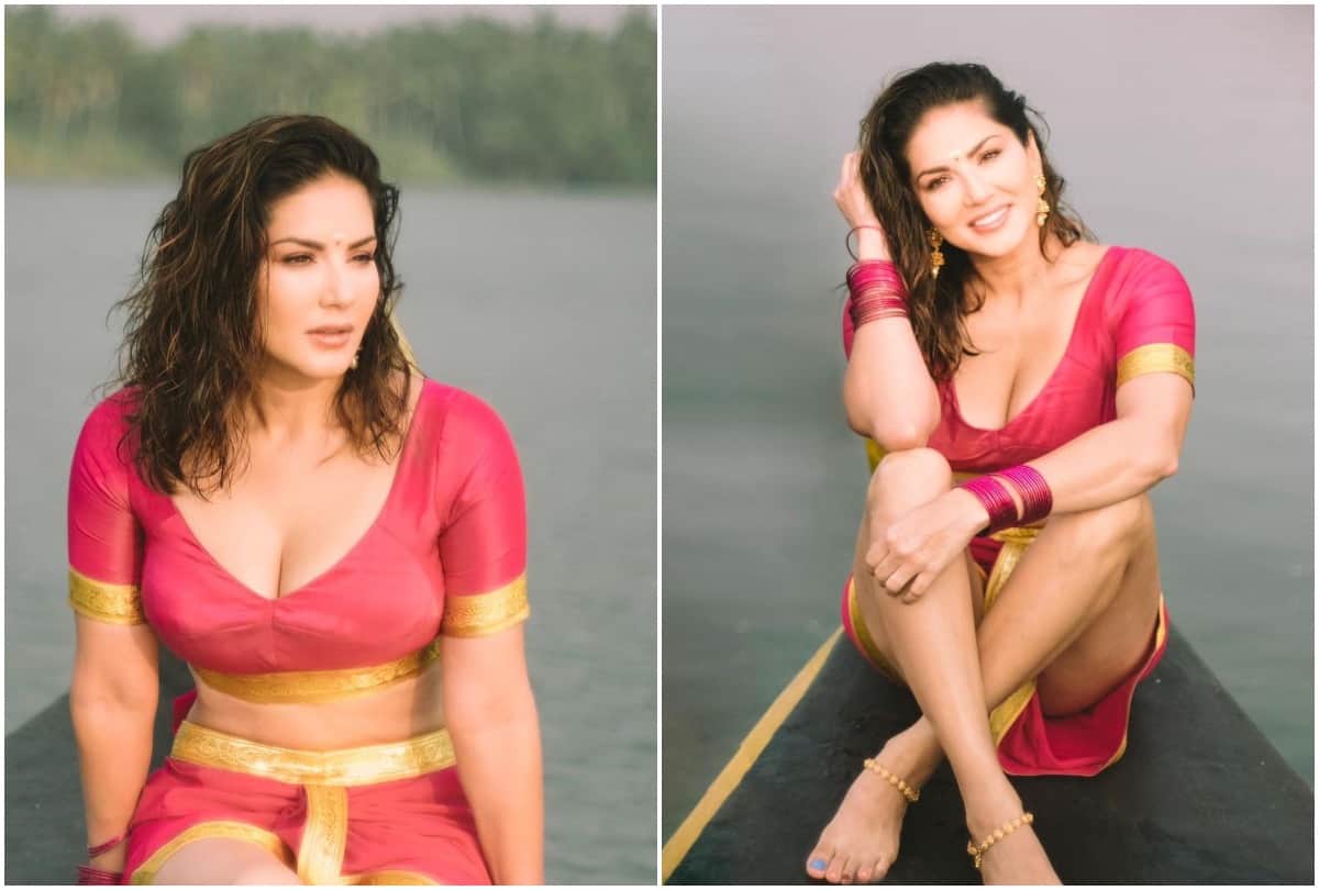 Sunny leone shares her photo in pink saree at Kerala here her latest pics goes viral