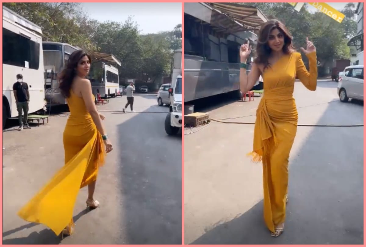shilpa shetty flaunts slim figure in mustard yellow one shoulder gown in dance reality show