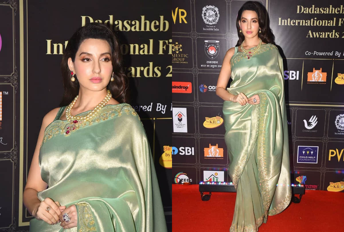 nora fatehi look resplendently gorgeous in green beaming silver silk saree in dadasaheb phalke award 2021
