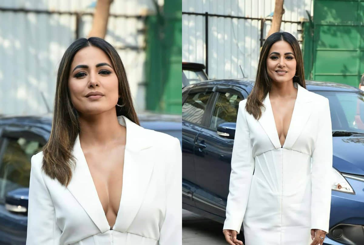 hina khan spotted in white plunging neckline corset dress