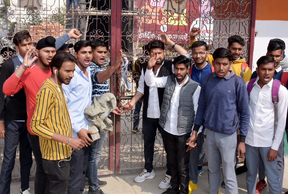 Students lock the gate of Jain College, uproar