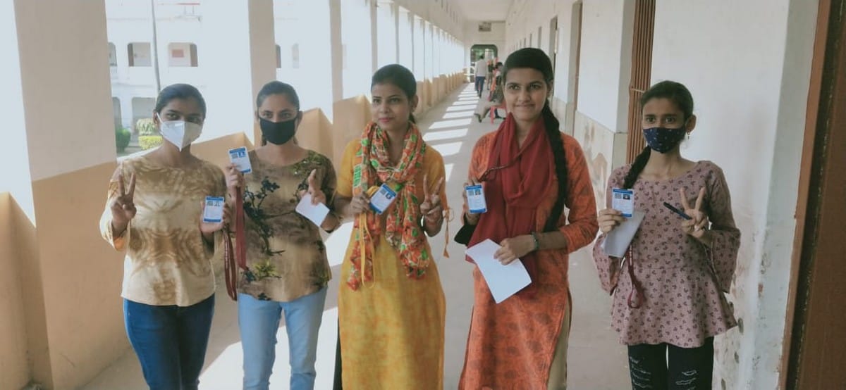 Kashi Vidyapeeth Students Union Election result candidates fold hand in front of students