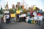 प्रदर्शन करते कांग्रेस सदस्य।