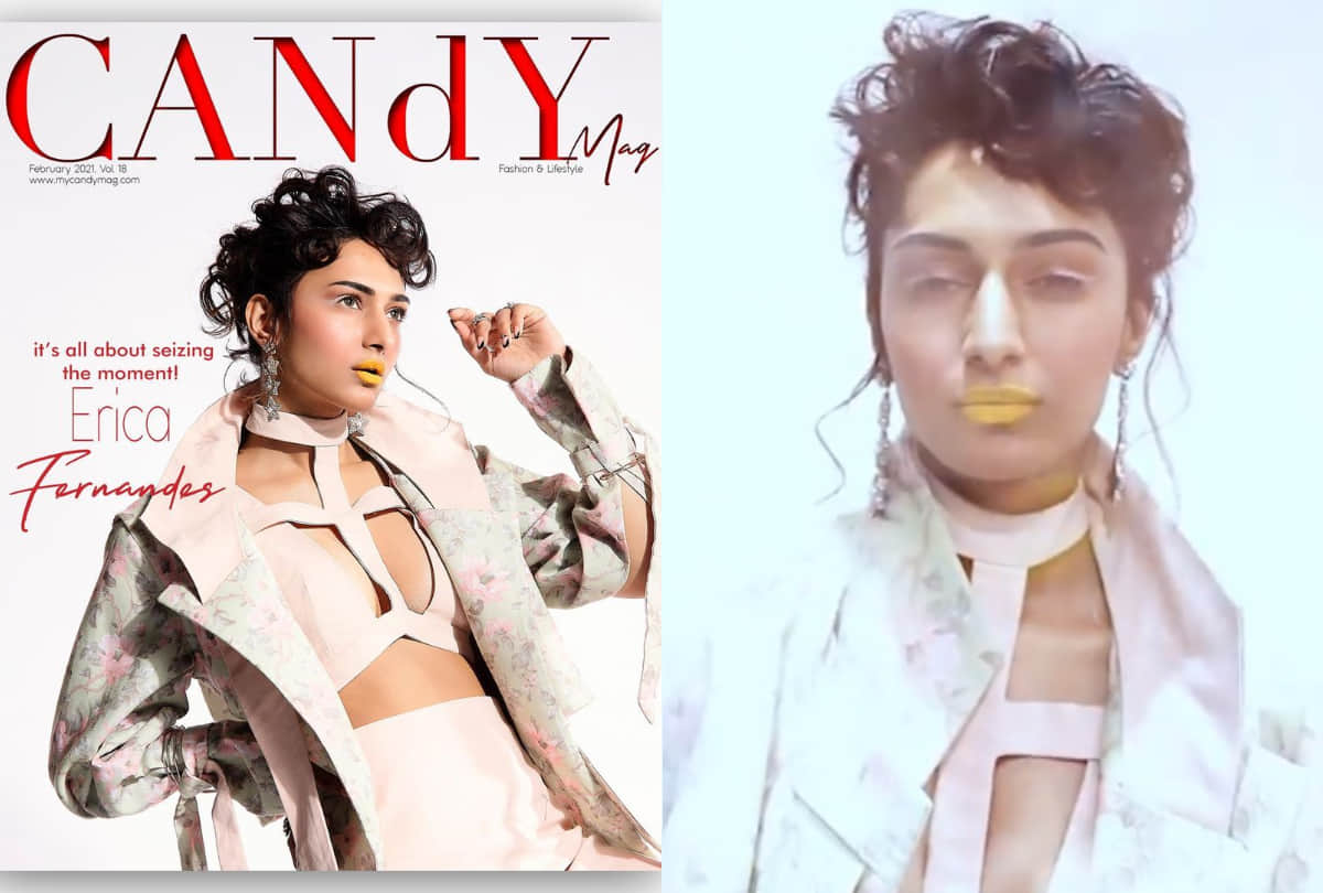 erica fernandes experimental look in yellow lipstic for fashion magazine cover photoshoot