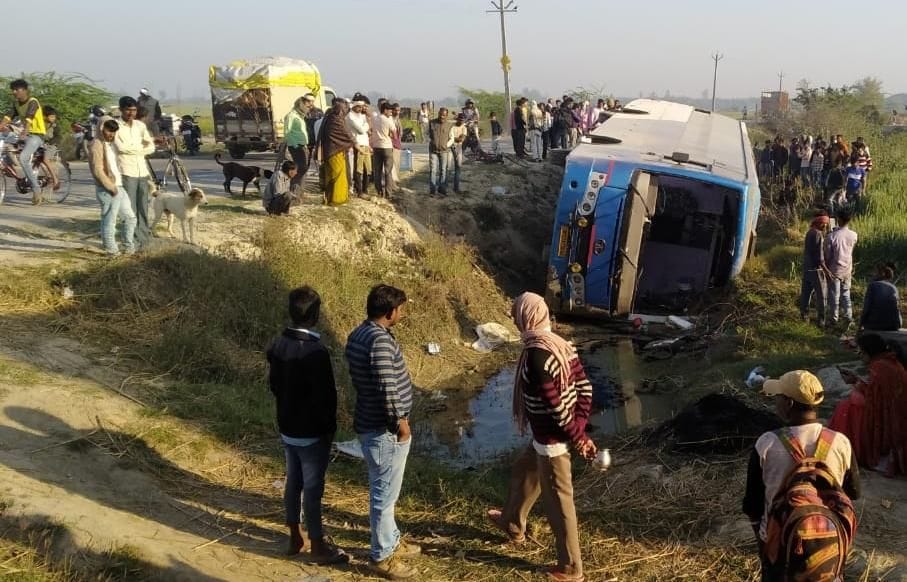 Bus overturned after collision, youth dies, nine injured