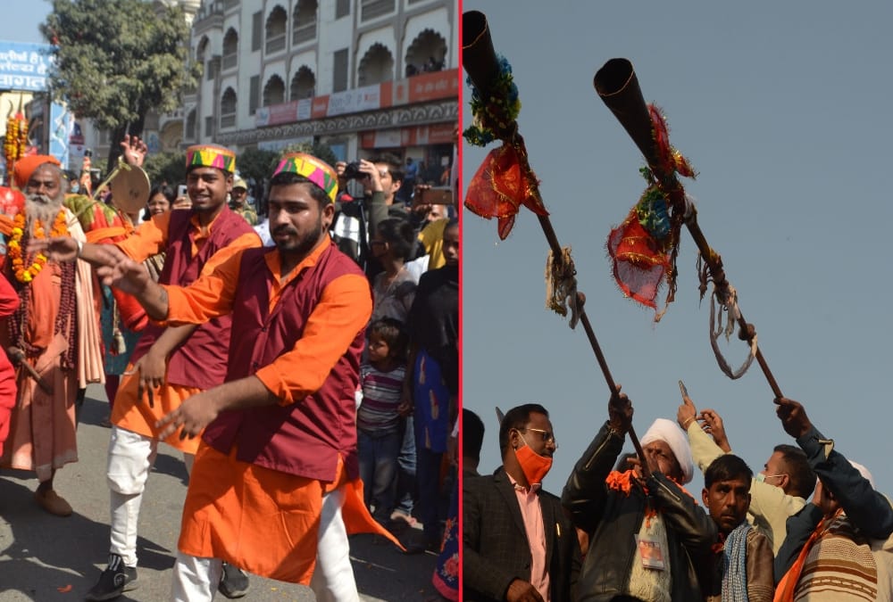 Haridwar Kumbh Mela 2021: Folk dancers wear military dress in Niranjani Akhara Peshwai photos