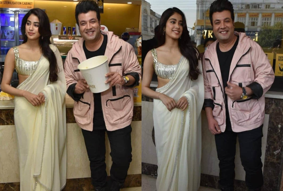 janhvi kapoor roohi promotion in ivory chiffon saree from manish malhotra