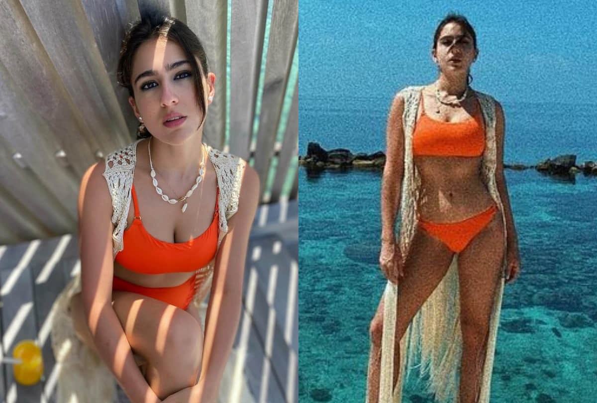 sara ali khan poses in orange bikini gives caption your daily dose of vitamin c