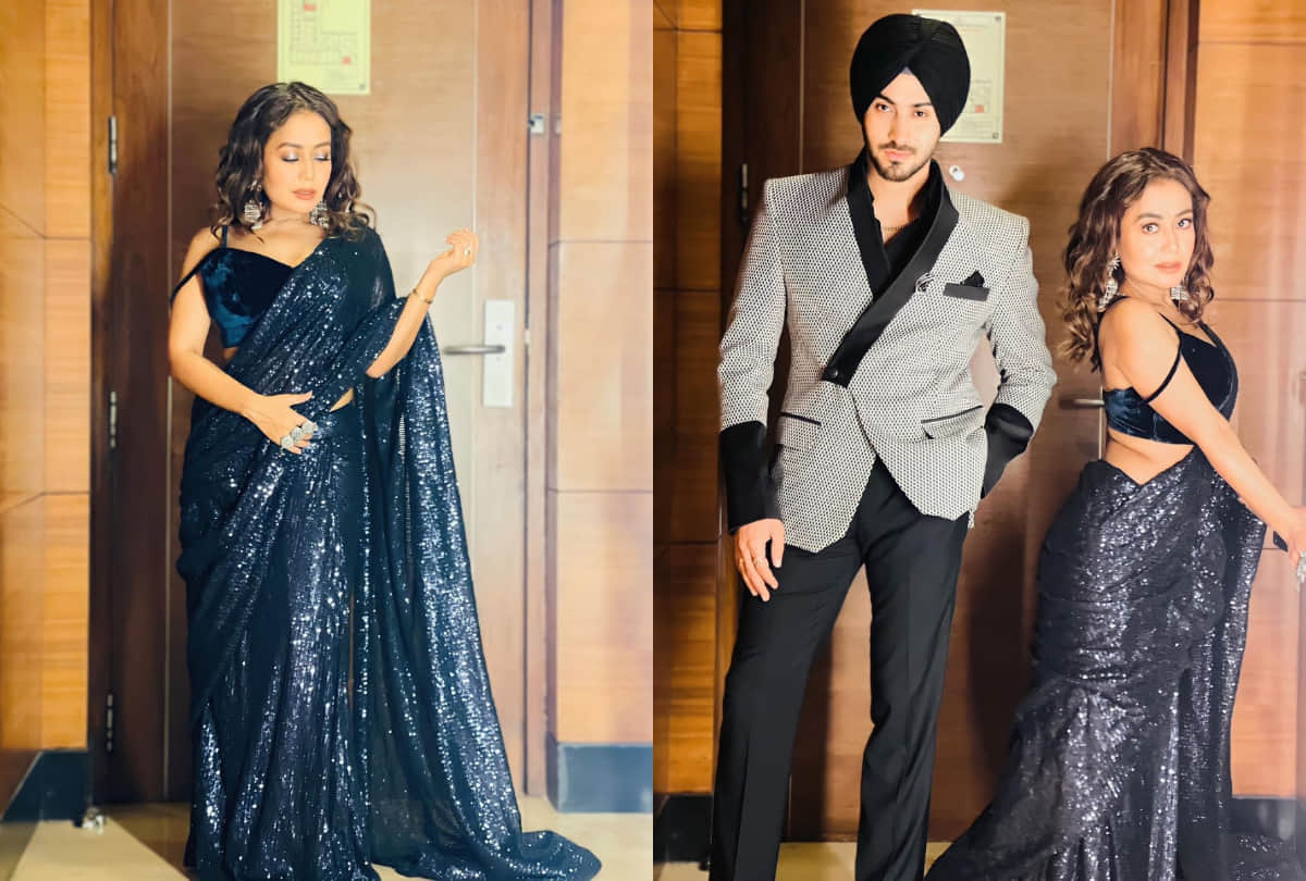 neha kakkar hotness in blue shimmer saree with velvet blouse husband rohanpreet comment on social media
