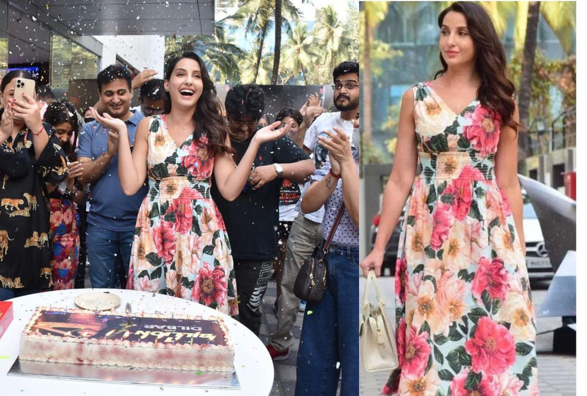 nora fatehi spotted in outside dubbing studio wearing white crop top show her curvy waist