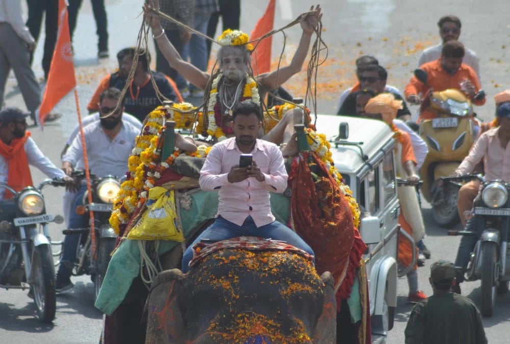 Haridwar Kumbh Mela 2021: Naga Saints sit on Elephant and Show Long Hair Photos