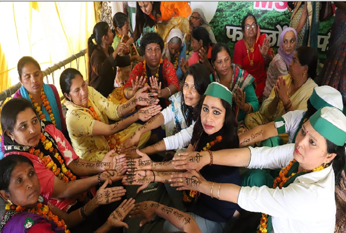 Record crowd of women gathered at Tikri border Women put henna on the Ghazipur border
