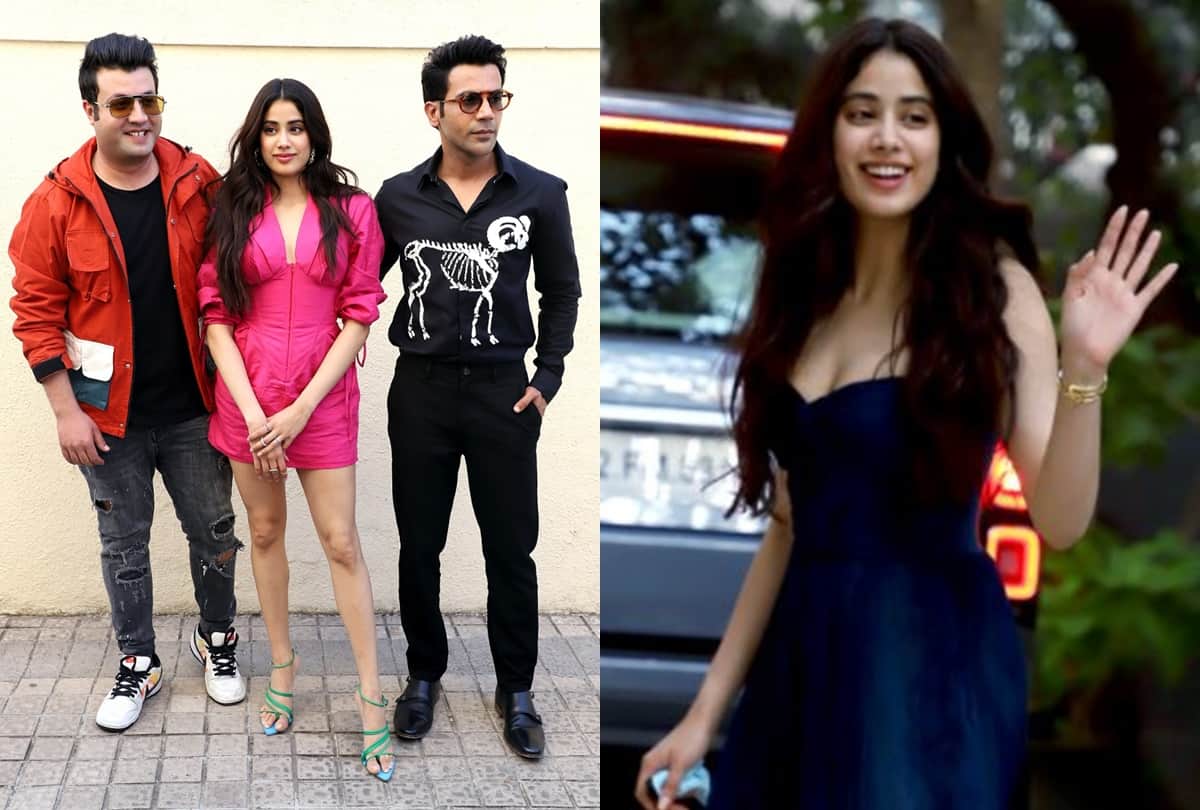 janhvi kapoor in pink corset dress with dramatic sleeves in film roohi promotions