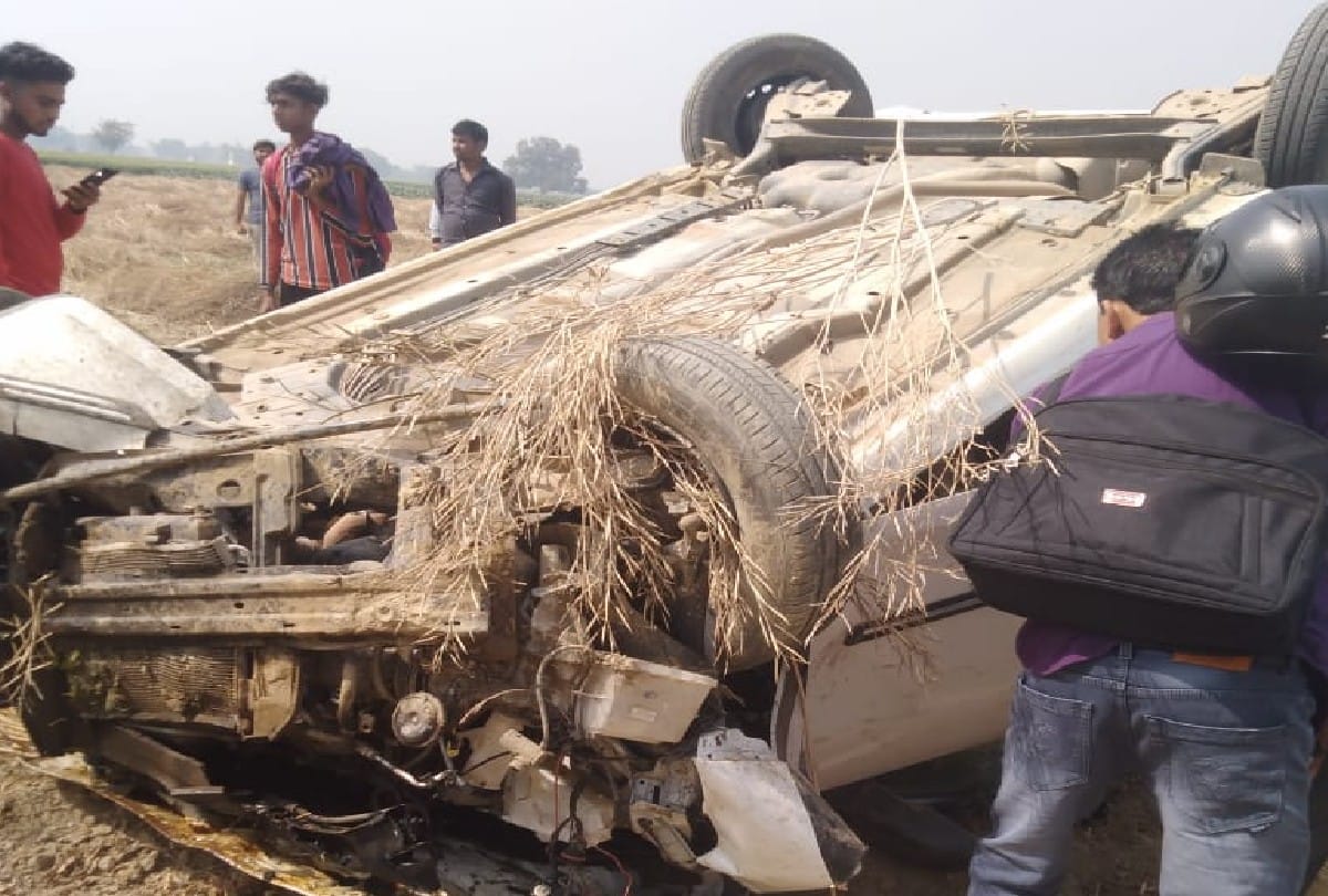 Car overturned after hitting bike and tree, one killed, three injured
