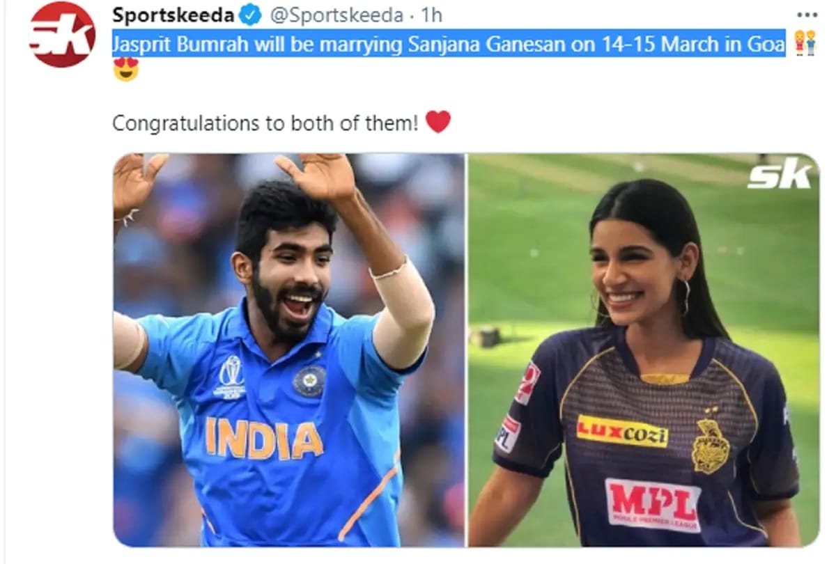 Jasprit Bumrah is marrying sports anchor Sanjana Ganesan on 14th March