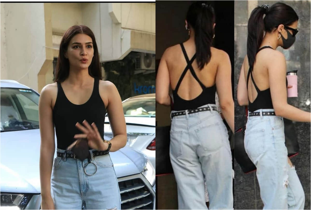kriti sanon spotted in black backless top with blue distressed jeans in extremely hot look