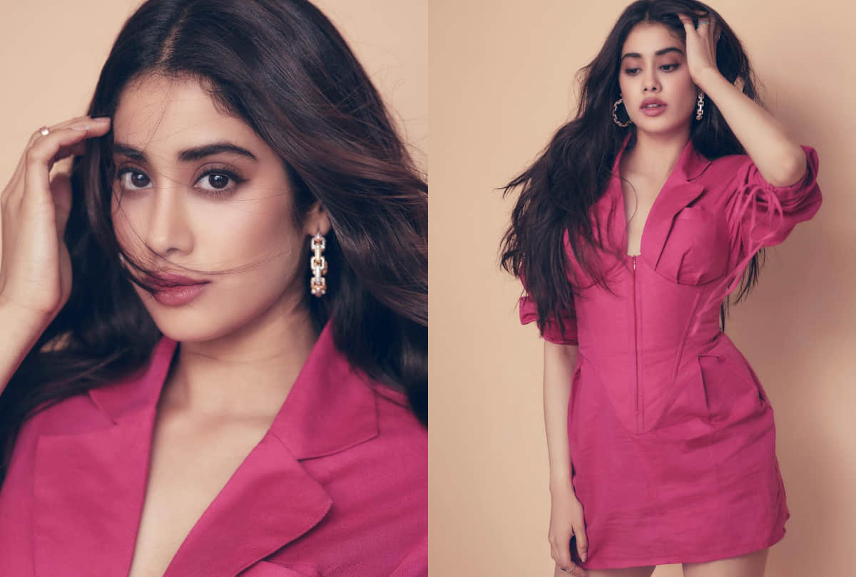 janhvi kapoor in pink corset dress with dramatic sleeves in film roohi promotions