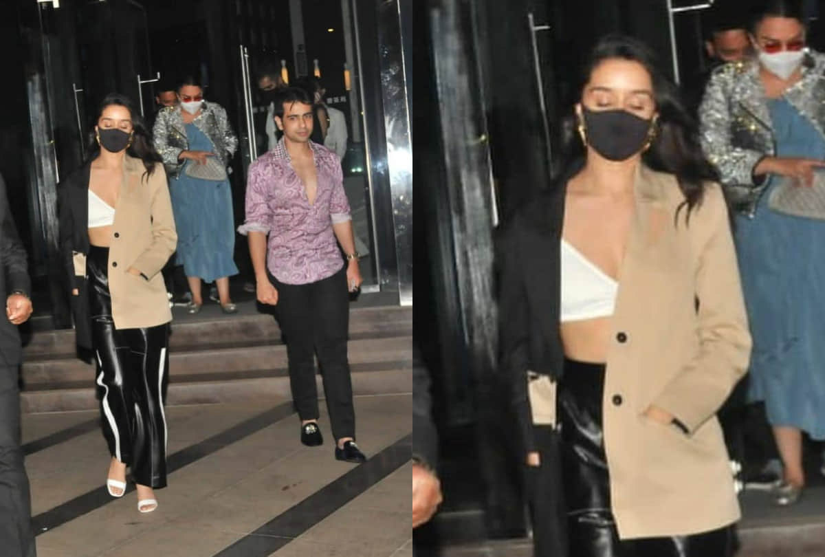 shraddha kapoor latest outing rohan shrestha in color block blazer with latex pant