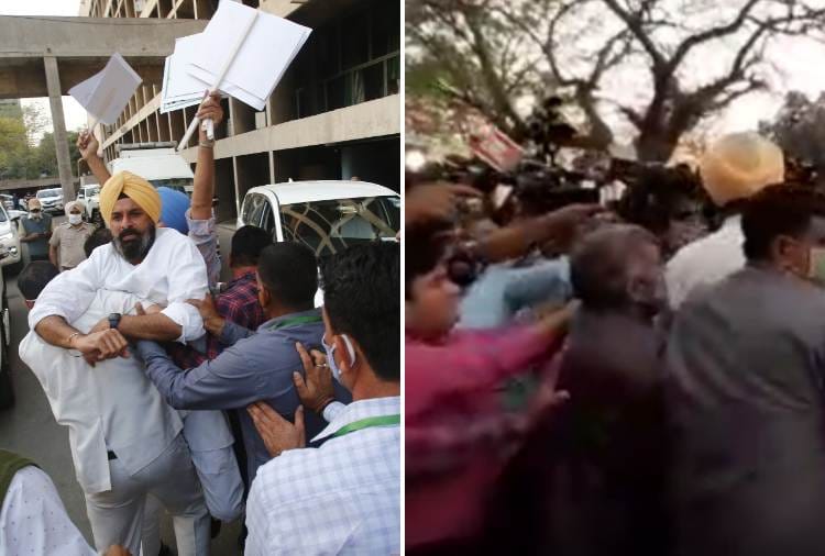 Punjab SAD MLAs Protests during Press conference Of Haryana CM Manohar lal