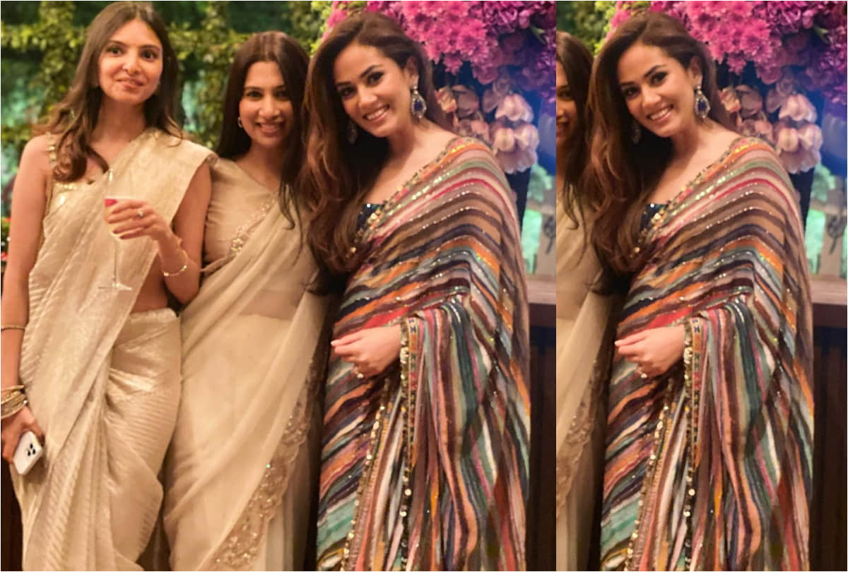 mira rajput shimmery stripe saree for friends wedding function