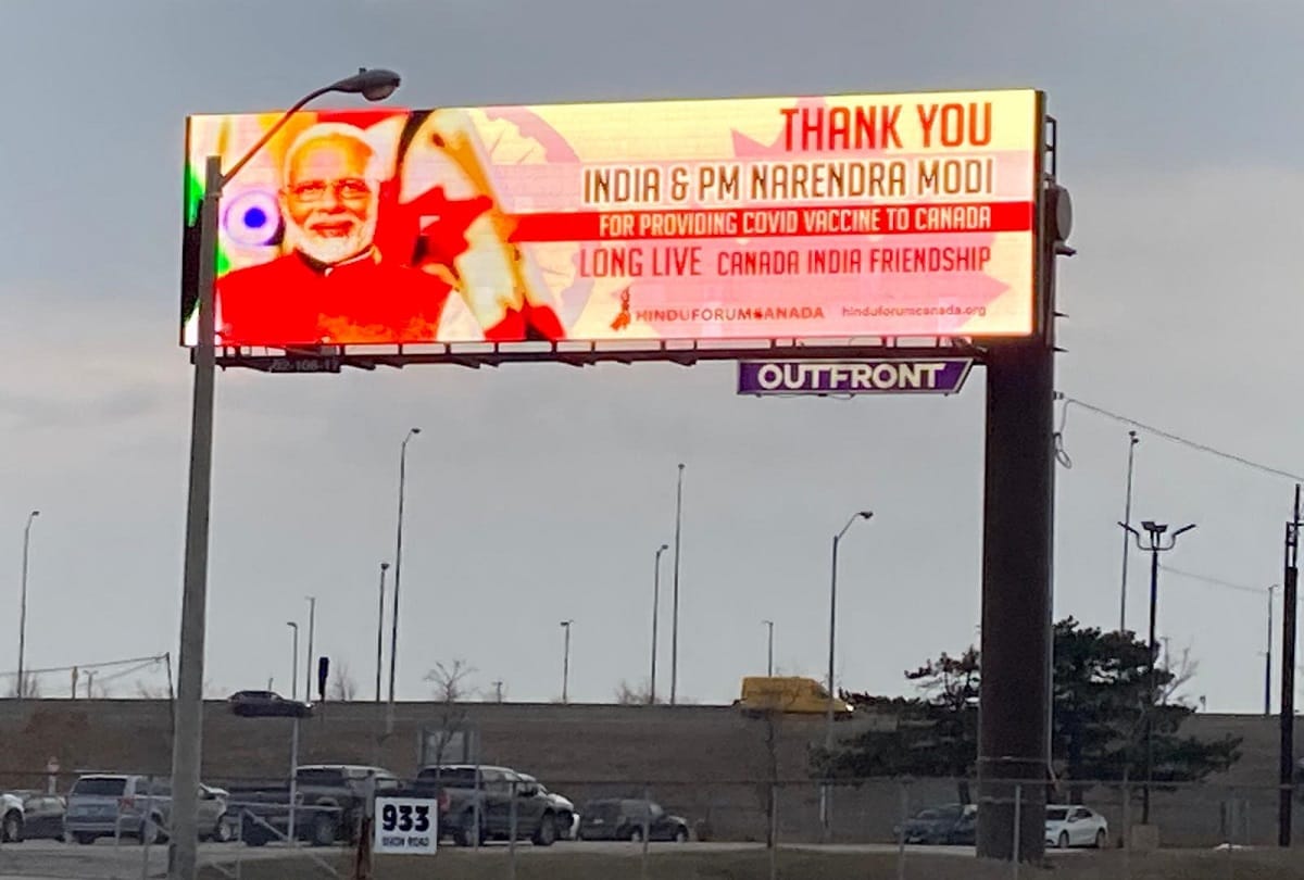 COVID-19 : Billboards come up in Greater Toronto area thanking PM Narendra Modi for providing vaccines to Canada