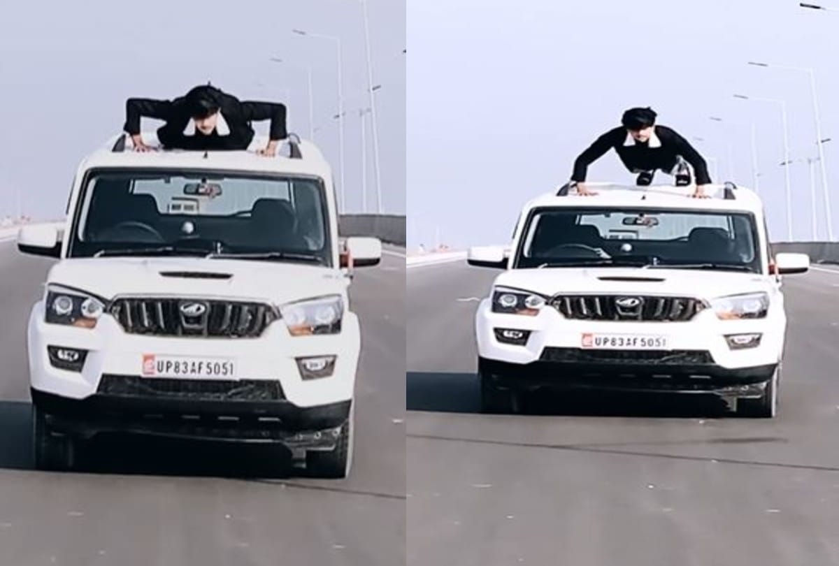 Young Man Stunt In Running Scorpio Car Traffic Police Cut Challan