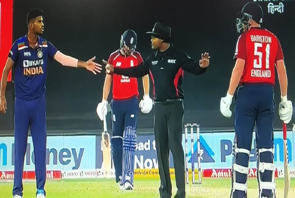 INDvENG 1st t20i controversy: clash between jonny bairstow and washington sundar, umpire Nitin Menon interfere