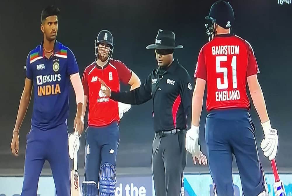 INDvENG 1st t20i controversy: clash between jonny bairstow and washington sundar, umpire Nitin Menon interfere