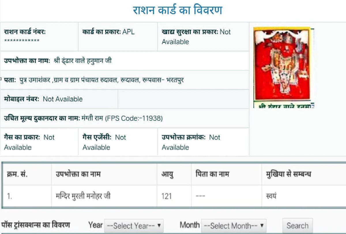 Bharatpur Rajasthan Rashan Card Name Lord Hanuman Ji Murli Manohar: Ration card on the name of hanuman ji and mandir murli manohar ji in bharatpur rajasthan
