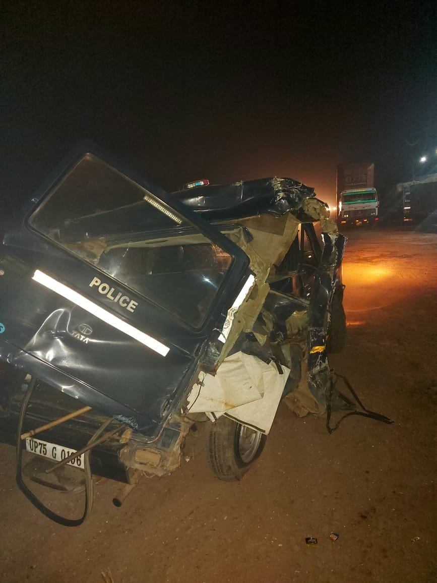 The bus collided with a police jeep patrolling on the highway