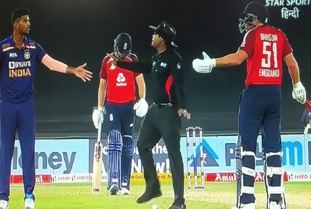 INDvENG 1st t20i controversy: clash between jonny bairstow and washington sundar, umpire Nitin Menon interfere