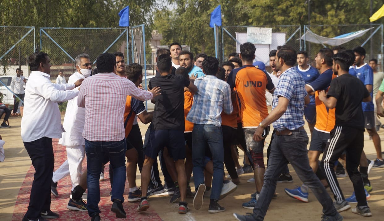 fight between Hisar and Jind players in state Handball final match