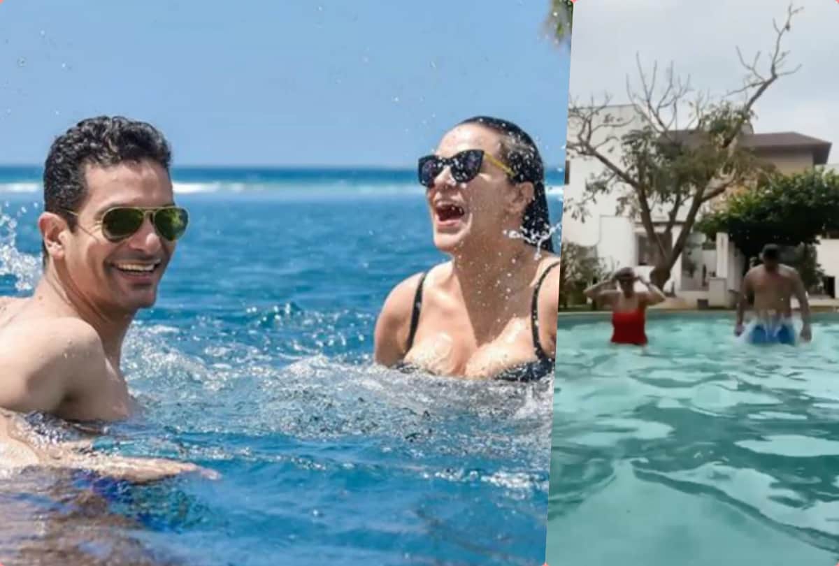 neha dhupia shared swimming pool workout video with husband angad bedi on instagram